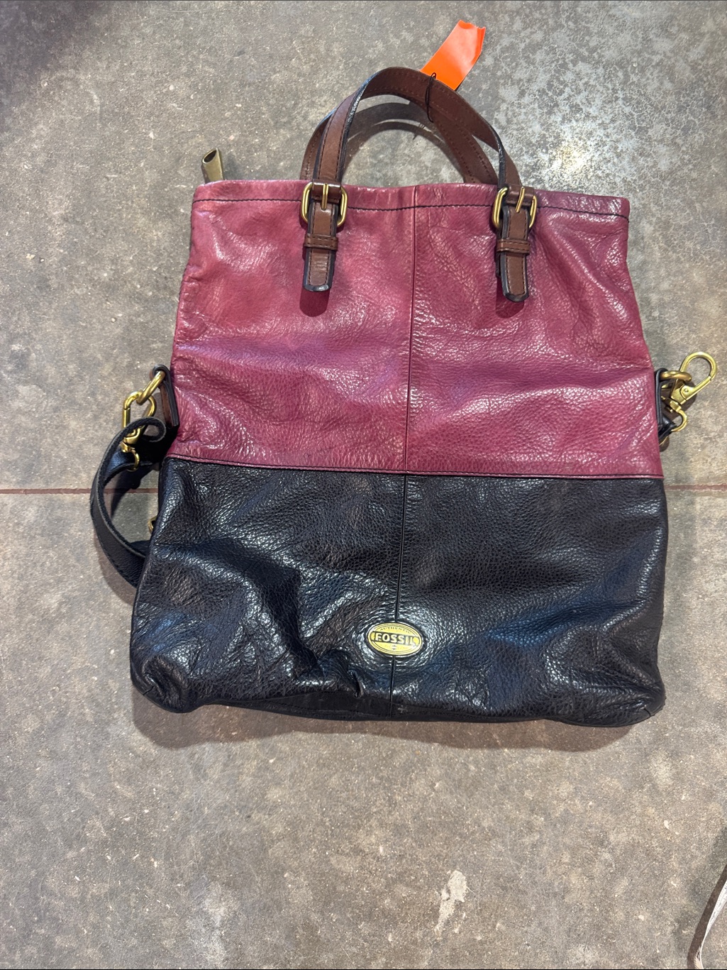 Fossil Explorer Fold Over Convertible Leather Tote In Plum/Maroon And Black